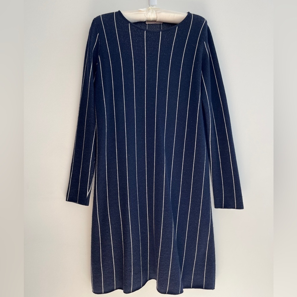 FLORA FEDI Pinstripe Swing Dress Made Italy Long Sleeve Round Neck Office Travel